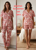 Pink Bear Print 3-Piece Women’s Pajama Set – Soft Cotton Lounge & Sleepwear Set