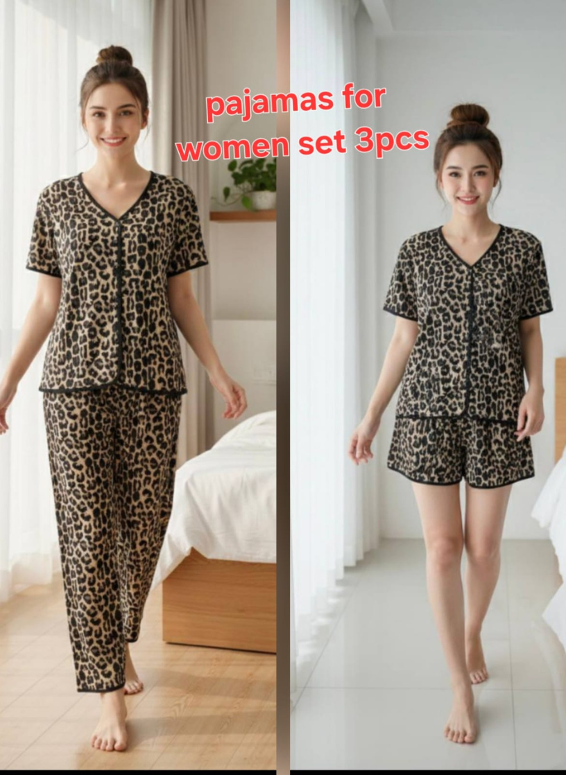 3-Piece Women’s Pajama Set, Leopard Print  – Soft Cotton Lounge & Sleepwear Set