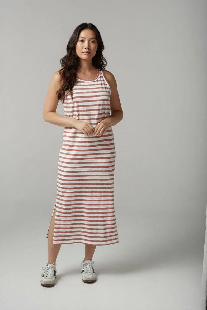 Women's Sleeveless Pink Striped Maxi Dress – Casual Crew Neck Long Tank Dress with Side Slit
