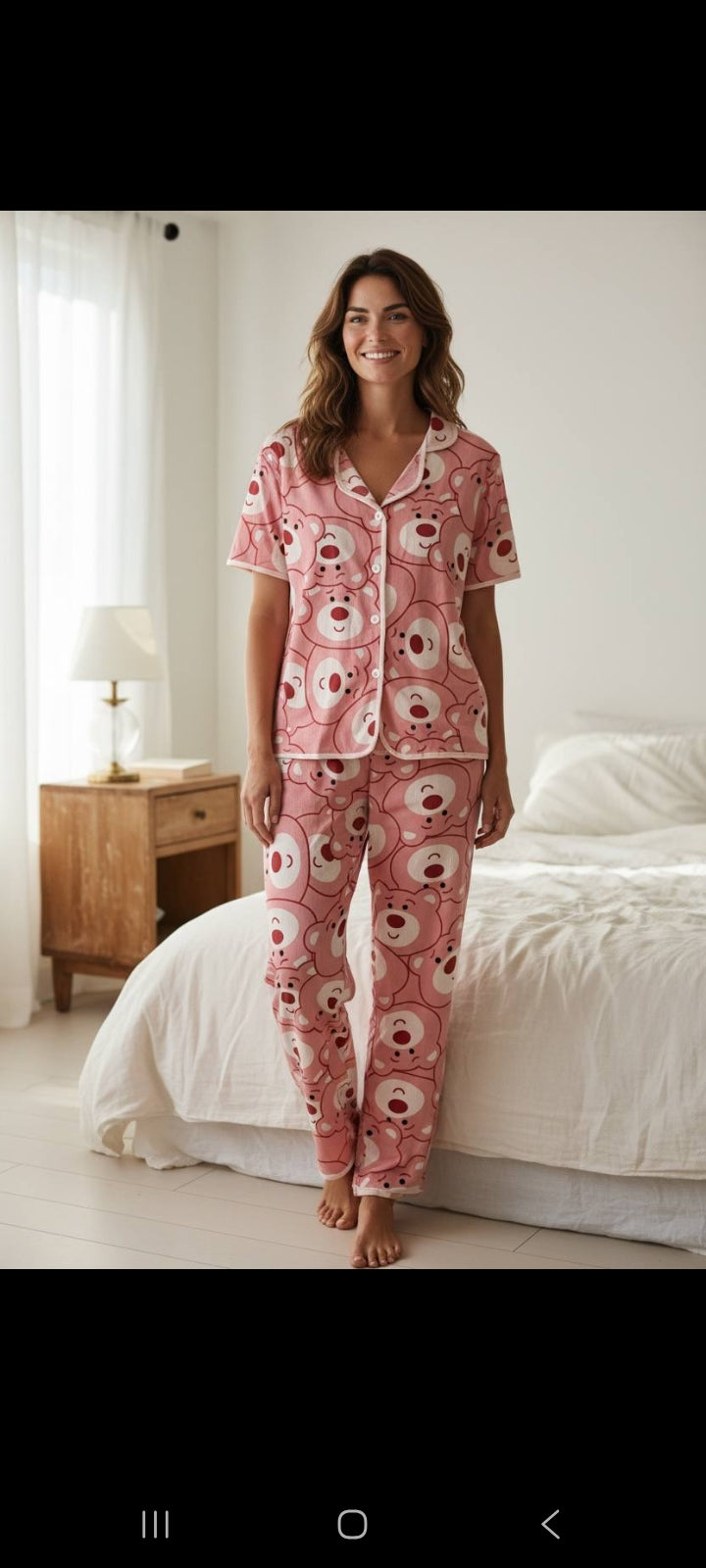 Pink Bear Print 3-Piece Women’s Pajama Set – Soft Cotton Lounge & Sleepwear Set